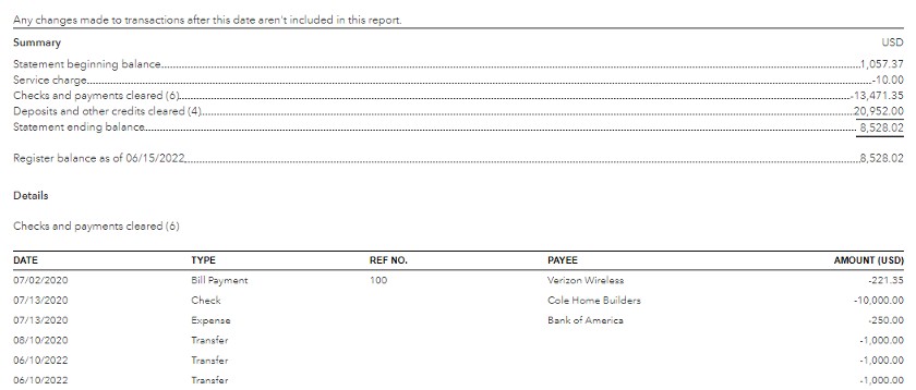 QuickBooks Online中的对账报告。