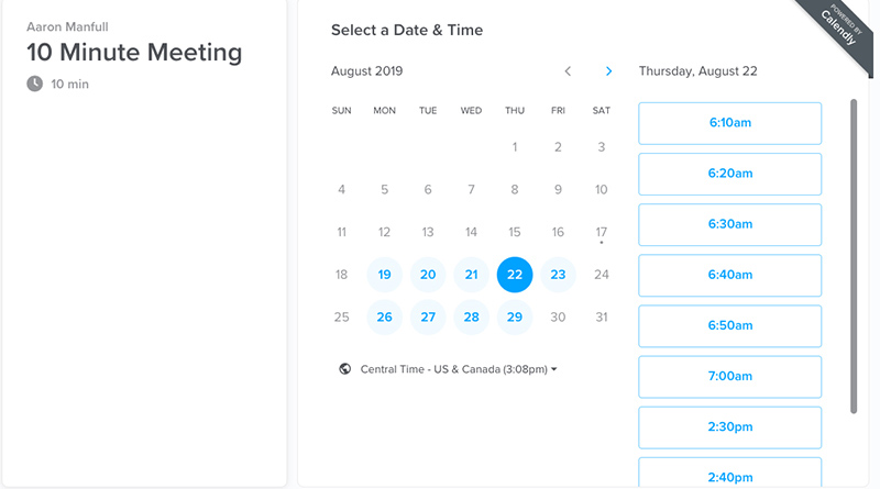 Finding an open time in Calendly.