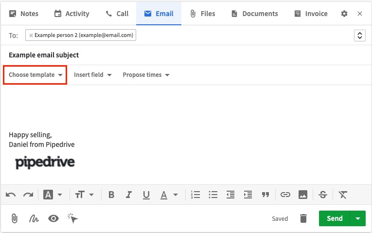 Writing a message using an email template in Pipedrive.
