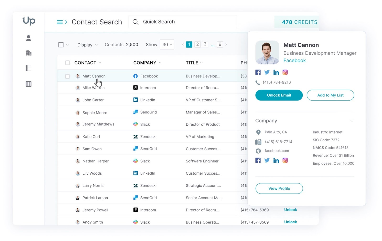 Searching contacts in UpLead.