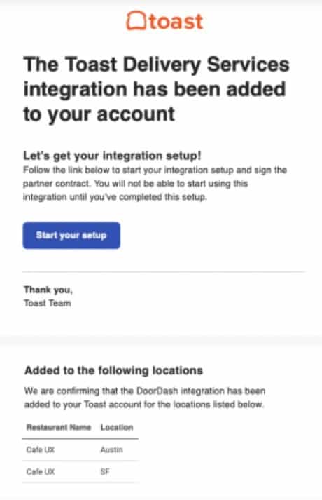 Toast setting-up integration.