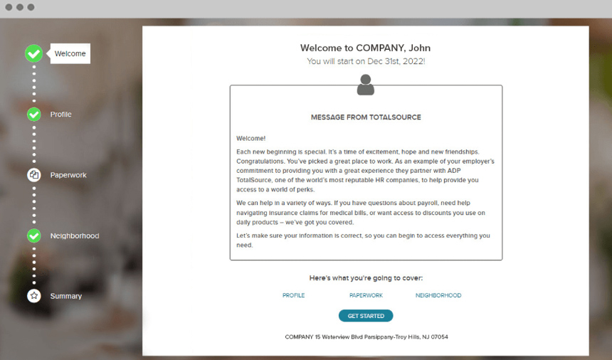 A sample welcome message from ADP.