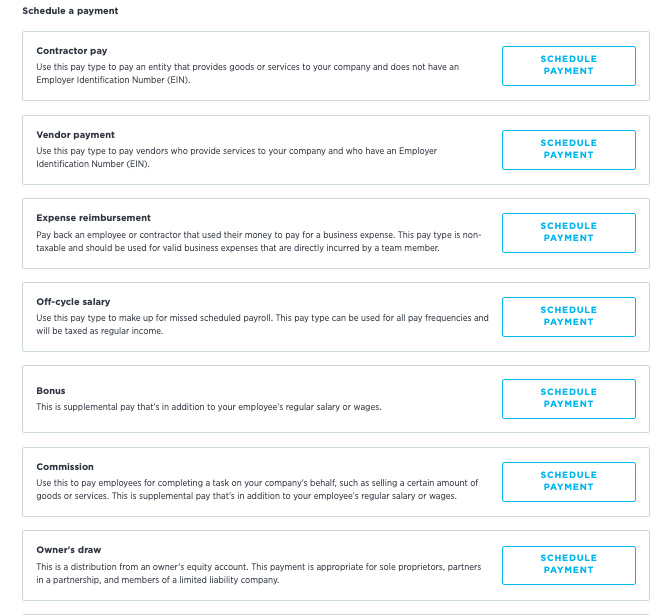 Types of employee-related payments in Justworks.