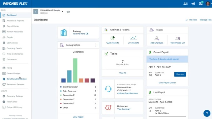 VIew of Paychex Flex’s main dashboard contains quick links to running payroll, adding employees, generating reports, and more.