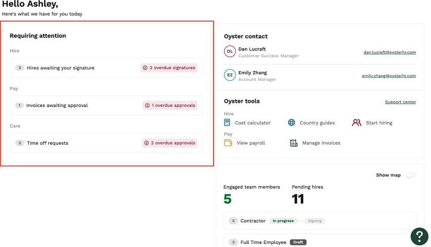 A screenshot showing Oyster's dashboard with a list of important tasks and links to online tools you can use.