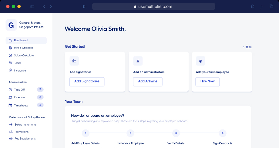 A screenshot showing the features you can access through Multiplier's dashboard.